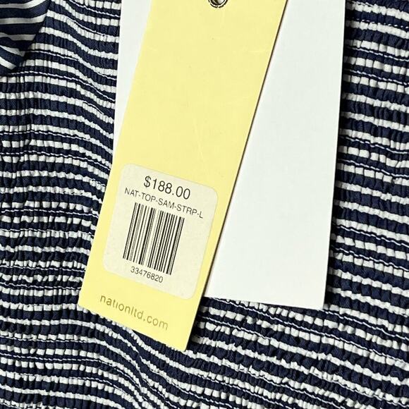 Nation LTD Samira Smocked Tee Navy Stripe Puff Sleeve Top Size Large New - Picture 11 of 12